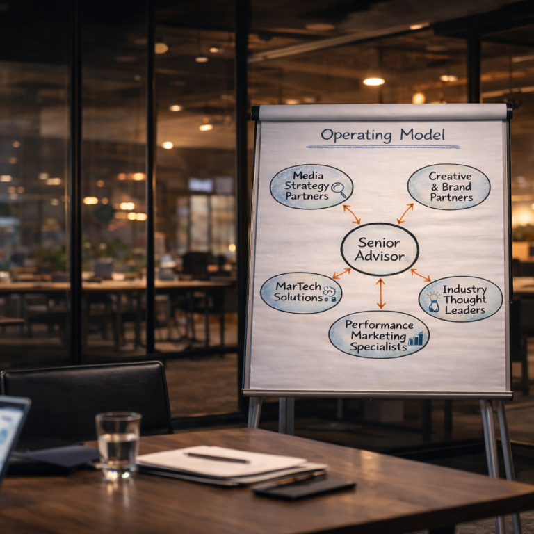 J.O.T operating model Operating model on a flip chart, Senior Advisor with key partners listed