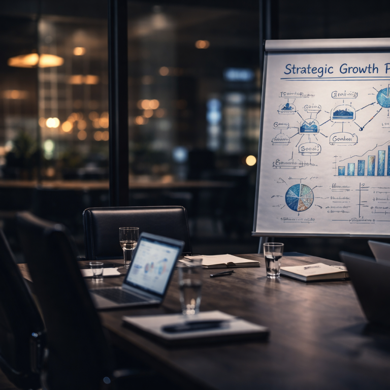 Strategic advisory and senior support Strategic planning session in a boardroom with growth roadmap on flip chart