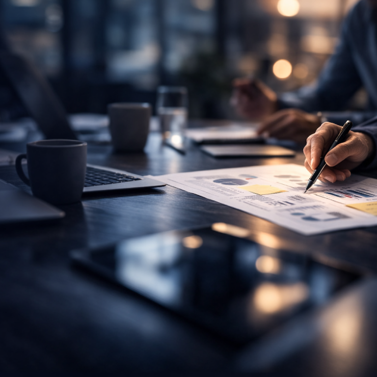 Commercial and digital diagnostics review Consultant reviewing commercial and digital performance documents